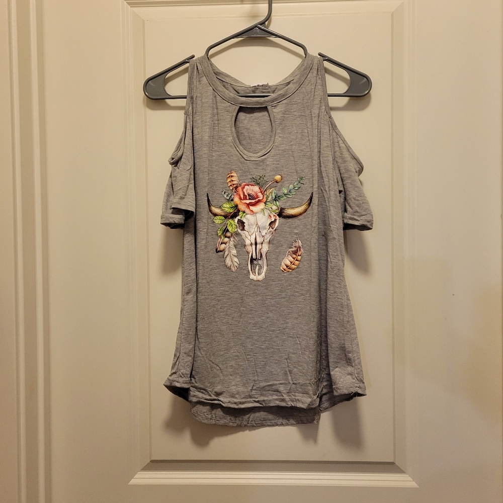 Gray Boutique Western Cow Cold Shoulder Blouse